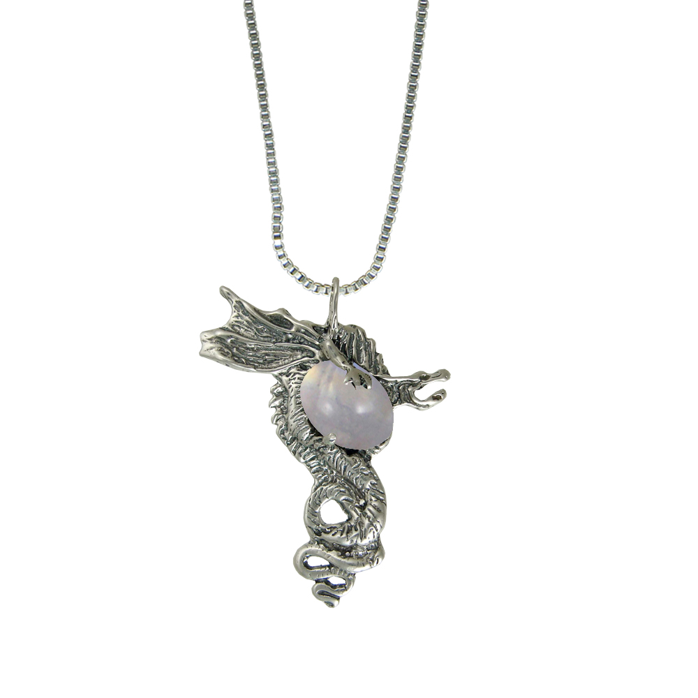 Sterling Silver Warrior Dragon Pendant With Rainbow Moonstone